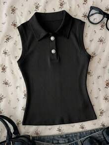 SHEIN 少女黑色罗纹针织 Polo 领无袖休闲简约优雅修身背心 - 黑色 - 查看 5