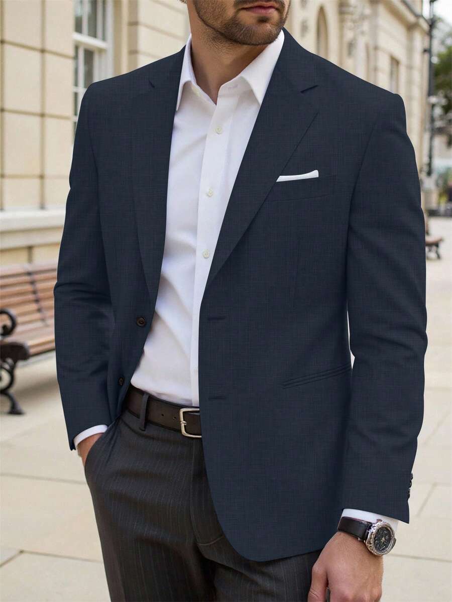 Manfinity Mode Men's Plus Size Single-Breasted Business Casual Blazer, Ceremony, Formal - Navy Blue - View 1