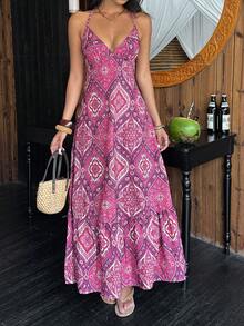 Sunnyshic Women's Printed Spaghetti Strap Dress, Beach Outfit, Bohemian Style Vacation Dress, Spring/Summer - Hot Pink - View 3