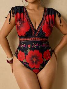 Travachic Plus Size Women's One-Piece Floral Print Swimsuit, Suitable For Beach Vacation Holiday, Pool Party, Summer Bathing Suits For Women - Red - View 8