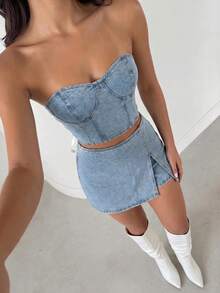 SHEIN Glamour Áo croptop denim không dây vai dành cho nữ - Màu xanh lam - Xem 5
