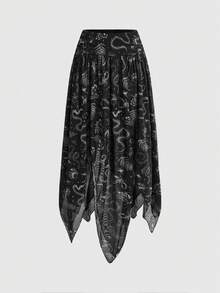 ROMWE Spring/Summer Vacation Chiffon Skirt With Asymmetrical Hem, Botanical Moth Eye Spider Goth Print - Black - View 1