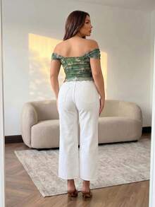 Hourglow Cardis.Ego Plus Size Women Off-Shoulder Vintage Green Floral Print Crop Top, Off-Shoulder Vintage Floral Mesh Blouse, Off The Shoulder Top, Vintage Van Gogh Painting Print Top, Going Out Top Women, Vacation Vintage Top, For Hourglass Body Shape, For Summer - Multicolor - View 2