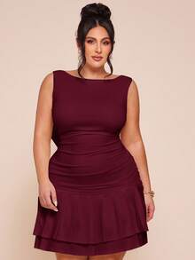 SHEIN BAE Vestido mini de mujer talla grande sin mangas, color blanco sólido, con detalle de lazo en la espalda fruncida - Rojo violeta - Ver 6