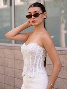 Andrea Bello Sexy Off-The-Shoulder Lace Double-Layer Fitted Corset Bustier Top, Hollow-Out Embroidered, Suitable For Vacation, Nightclub, Wedding Guest, Fall White Boho Top Lace White Top Lace Tops,Island Vacation Outfit,Music Festival Outfit,Cruise Vacation Outfit,Casual Vacation White Corset Tops For Women,Summer Top - White - View 3