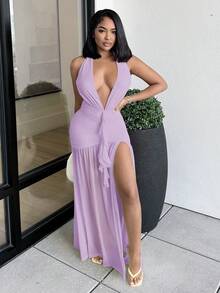 Alexandranx 性感極簡純色黃奶油色深V領掛脖貼身抓皺修身女款網紗長洋裝 夏季派對優雅 - 淡紫色 - 查看 5