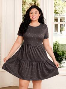 Solflare Plus Size Minimalist Print Round Neck Short Sleeve Dress - Chocolate Brown - View 3