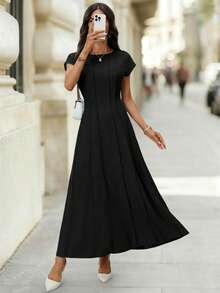 Editum Gaun Wanita Elegan Selutut dengan Leher Bulat, Pinggang Terikat, Lengan Pendek, Warna Biru, Cocok untuk Pakaian Kasual dan Beraktivitas Sehari-hari, Awal Musim Semi - Hitam - View 5
