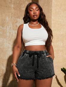 SHEIN SXY Quần short tua rua cạp chun cổ điển mới giặt tay cho nữ cỡ lớn, phù hợp mặc hàng ngày, lễ hội âm nhạc, hòa nhạc, tiệc hóa trang, kỳ nghỉ bãi biển, đêm hẹn hò, sinh nhật, tiệc độc thân, câu lạc bộ, dễ thương, thường ngày, mua sắm, thời trang đường phố, đi chơi - màu đen - Xem 5