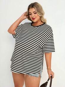 Plussiva 大码孕妇夏季休闲通勤撞色条纹印花宽松蝙蝠袖开衩下摆T恤 - 黑色 - 查看 6