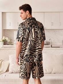 CoupledUp Zebra Print Faux Silk Short Sleeve Shorts Pajama Set For Men - Multicolor - View 3