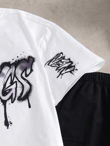 Coolqubz 2 piezas Conjunto de camiseta casual de cuello redondo estampada y pantalones con cordón para adolescentes, adecuado para uso diario, ir al trabajo y actividades al aire libre - Blanco y Negro - Ver 6