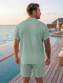 Genlund Men's Solid Color Casual Versatile Daily Wear Short Sleeve Shirt, Holiday - Mint Green - View 2