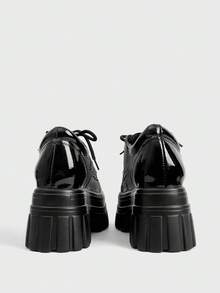 Sugerpunk Giày sandal cao gót nữ màu đen bóng, kiểu dáng nhỏ gọn, chất liệu PU, thích hợp cho mùa thu đông, đế dày, phong cách Anh, tăng chiều cao 7cm, gót mỏng, kiểu dáng muffin. - màu đen - Xem 5
