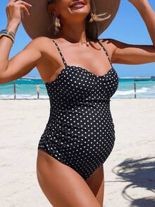 SHEIN 26SS 夏季海滩度假复古波点钢圈基础休闲孕妇连体泳衣 - 黑與白 - 查看 5