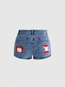 ROMWE Kawaii Plus Size Vintage Washed Summer Embroidered Cute Apple Pattern Versatile Simple High Stretch Denim Shorts - Baby Blue - View 1
