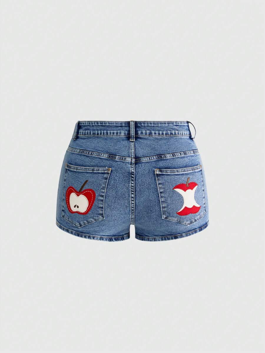 ROMWE Kawaii Plus Size Vintage Washed Summer Embroidered Cute Apple Pattern Versatile Simple High Stretch Denim Shorts - Baby Blue - View 1