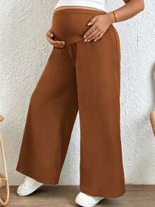 Plussiva Pantalones anchos versátiles y casuales de unicolor con cintura ajustable para maternidad de talla grande - Marrón - Ver 5
