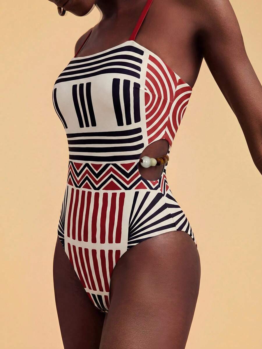 Travachic Women's Patchwork Color Strap One-Piece Swimsuit, Suitable For Beach Vacation, Pool Party, Beach Party - Multicolor - View 1