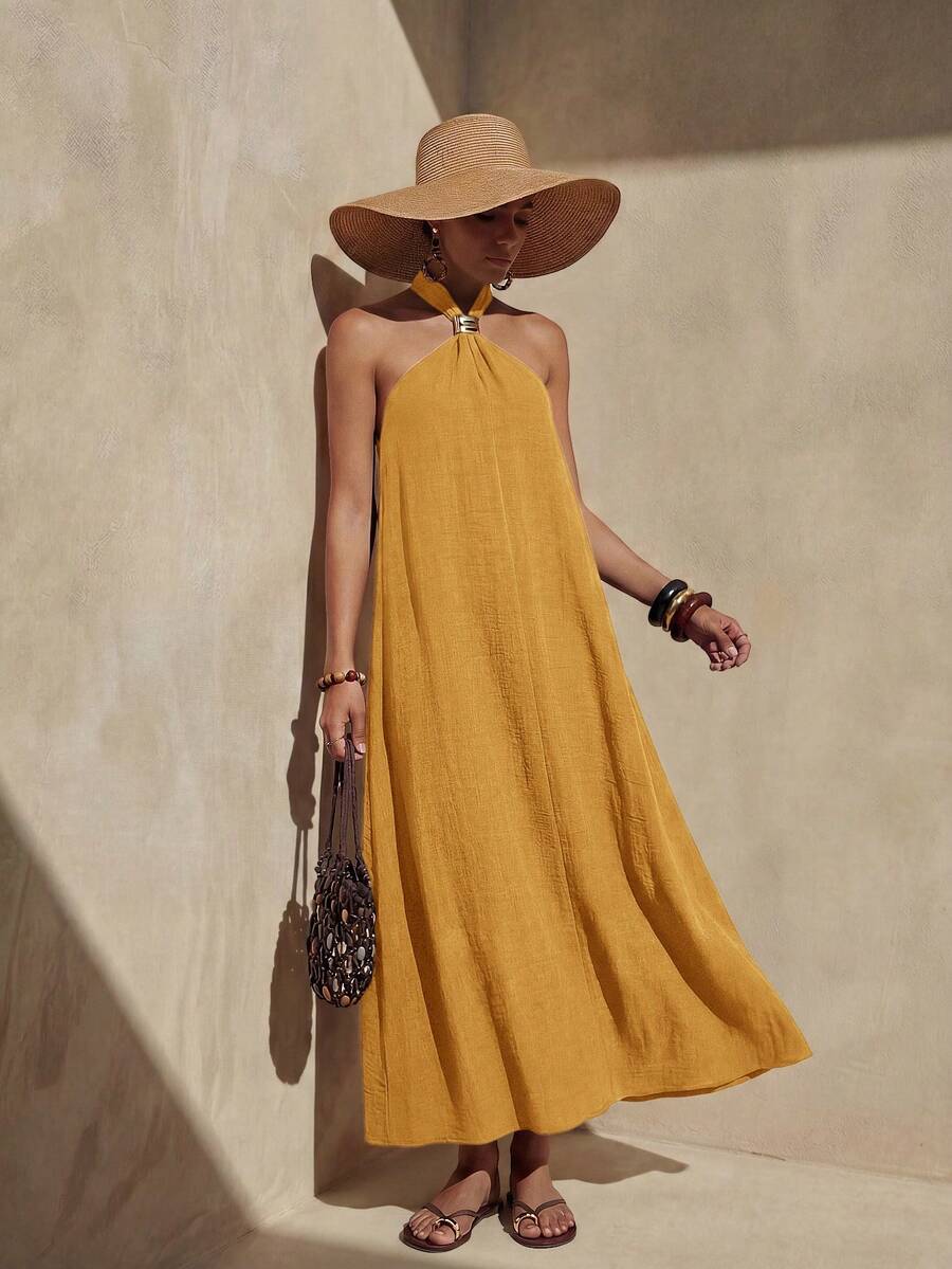 Zivah Mustard Yellow Summer Casual Tropical Modest Elegant Vacation Women's Linen Sleeveless Halter Ruched Metal Decor Maxi Dress Beach Wedding Guest Party - Mustard Yellow - View 1