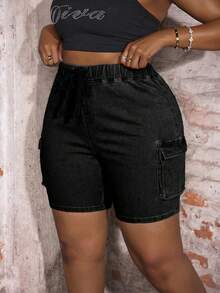 Slaydiva Quần short denim nữ cỡ lớn, cạp chun, kiểu dáng thường ngày, đa năng. - màu đen - Xem 5