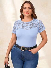 Reflora Plus Size Elegant Round Neck Contrast Lace T-Shirt - Baby Blue - View 5