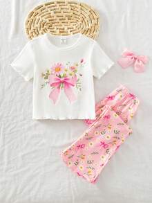 SHEIN 2pcs Young Girl Knitted Solid Floral Pattern Casual T-Shirt And Floral Bell-Bottom Pants Set - Pink - View 5