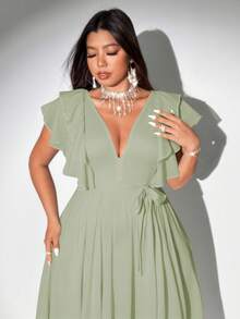 Viva Relle Đầm chiffon dáng chữ A thanh lịch, lãng mạn, cổ chữ V buộc dây, tay bồng dành cho phụ nữ cỡ lớn - màu xanh lá - Xem 4