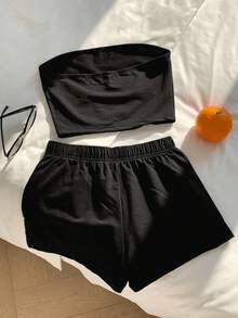 SHEIN 青少年女孩夏季休閒百搭日常運動無袖抹胸上衣與寬鬆短褲純色背心套裝 - 黑色 - 查看 3