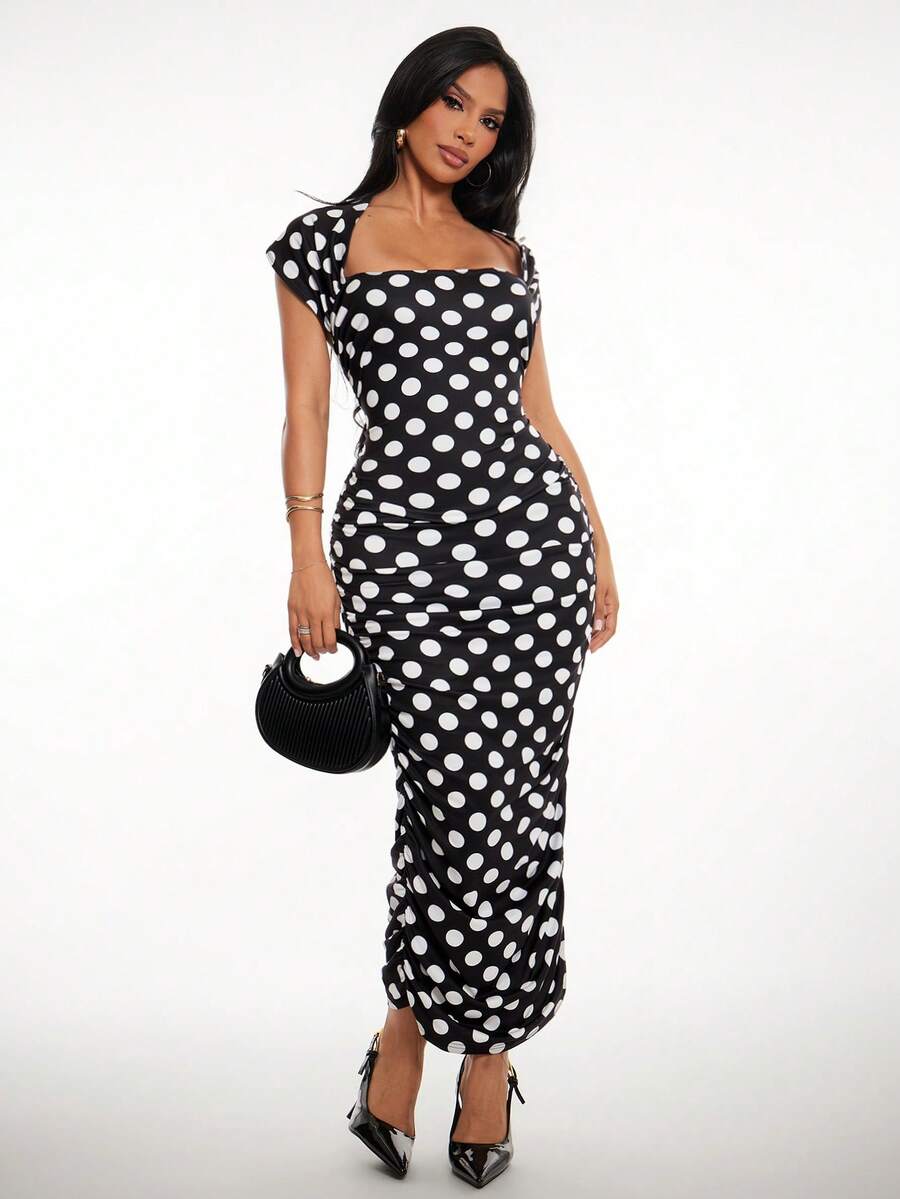 Radiana 女款夏季性感抓皺波點洋裝,復古優雅約會穿搭 - 黑色 - 查看 1