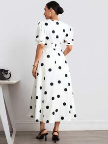 MaterniWear Black And White Polka Dot V-Neck Flared Woven Short-Sleeved Maternity Dress, Suitable For Everyday Wear And Dates. Summer Retro Maternity Dress, Perfe - Black and White - View 3