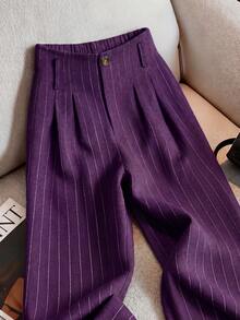 Franclia Casual Versatile Fashion New Linen Striped Pants - Purple - View 3
