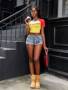 Jeanoix Quần short denim rách cạp thấp dành cho nữ phong cách Y2K - Rửa nhẹ - Xem 6