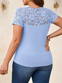 Reflora Plus Size Elegant Round Neck Contrast Lace T-Shirt - Baby Blue - View 2