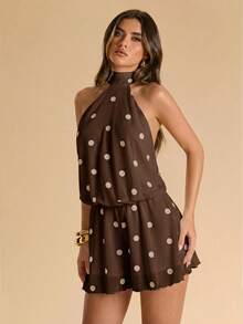 SHEIN BAE Women's Brown And White Polka Dot Backless Spaghetti Strap Mini Dress,Elegant Summmer Vacation Outfits For Women,Brunch Valentine's Day Outfit - Coffee Brown - View 6