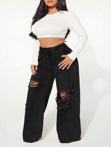 SHEIN SXY Plus Size Casual Washed Distressed Wide Leg Jeans - Black - View 4