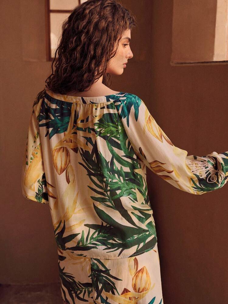WOMEN'S LINEN PRINTED ROPE EMBROIDERED BEADED LOOSE COLLAR BLOUSE