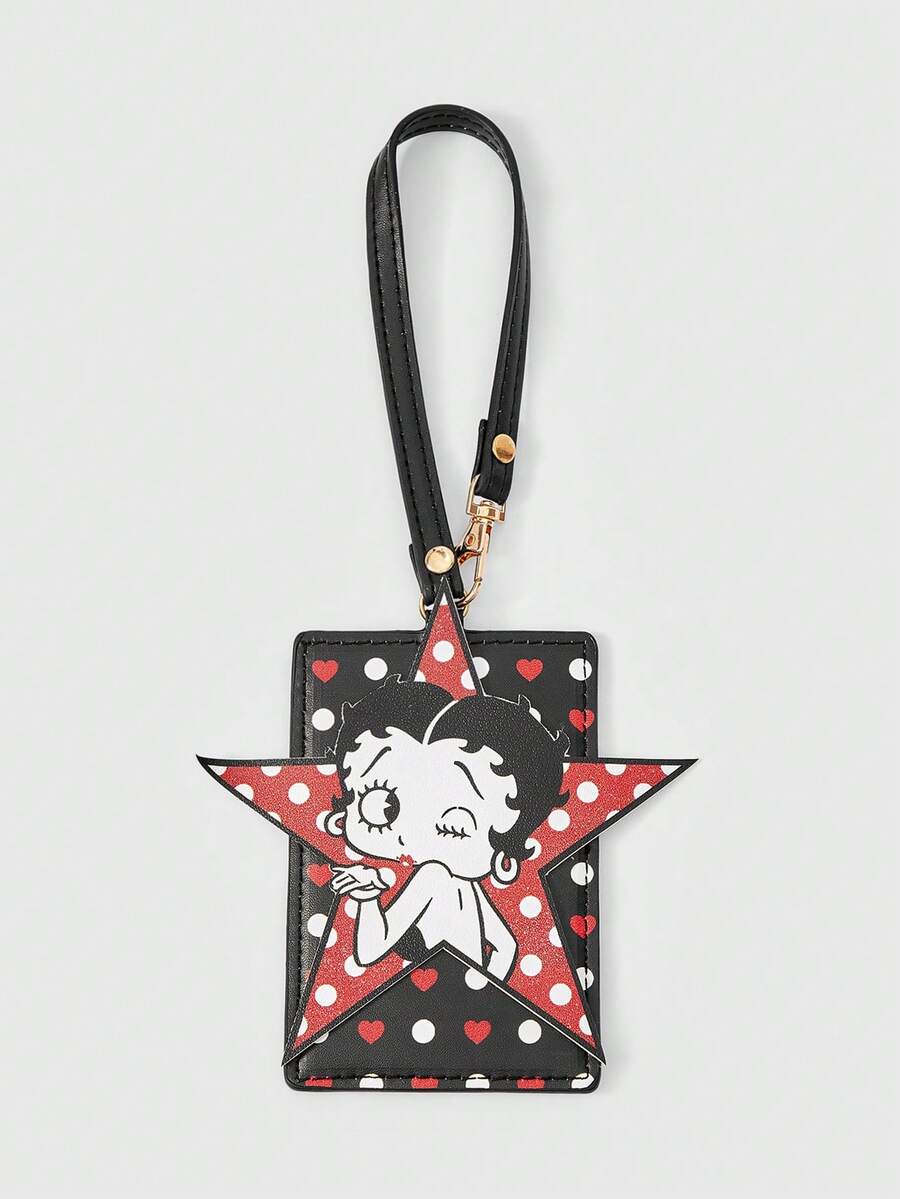 Betty Boop x SHEIN Betty 黑紅波點愛心卡通吊繩卡包 - 黑色 - 查看 1