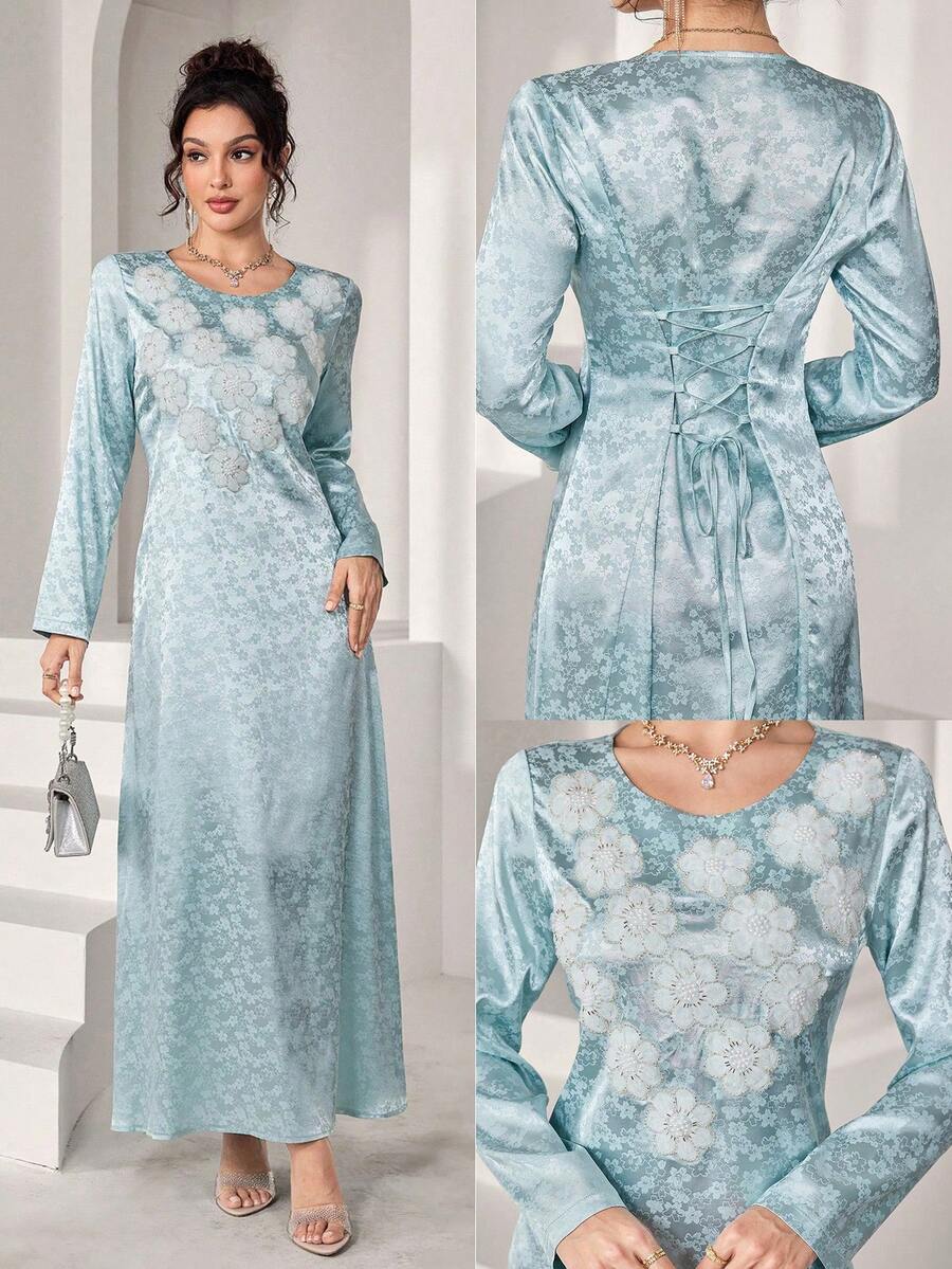 SHEIN Najma Elegant Luxurious 3D Floral Decor Women Loose Luxury Dress - Mint Green - View 1