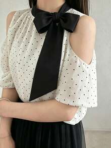 FRIFUL Women's Fashionable Sweet Polka Dot Print Off-Shoulder Tie Blouse - White - View 1