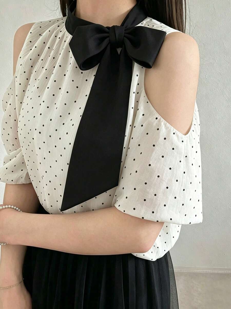 FRIFUL Women's Fashionable Sweet Polka Dot Print Off-Shoulder Tie Blouse - White - View 1