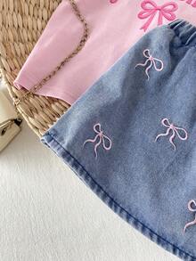 SHEIN Playful Pals 返校季女童休闲可爱圆领彩色波点彩虹印花T恤和纯色牛仔短裙套装，夏季 - 粉色 - 查看 7