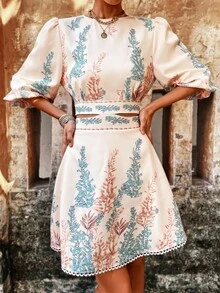 Vestido con estampado de plantas, mangas de linterna con recorte y espalda con lazada, atuendo de vacaciones para mujer - Multicolor - Ver 5