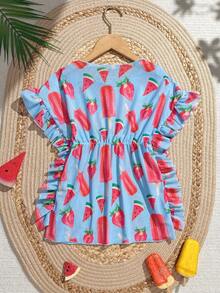 SHEIN Young Girl Watermelon Print Ruffle Hem Cover Up Dress - Blue - View 2