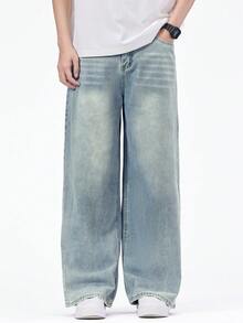 SHEIN Genkimix Kids 休閒寬鬆直筒水洗灰色牛仔褲，四季百搭，適合青少年與年輕男性，秋季穿搭 - 中等水洗藍 - 查看 3