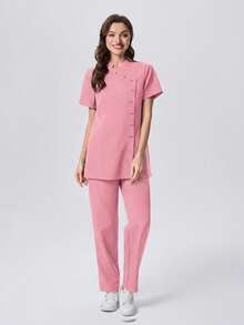 Scrubzie 防皱立领短袖多扣女士工作服套装（上衣和裤子） - 粉色 - 查看 6