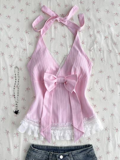 Elamini Women's Deep V-Neck Bowknot Decor Lace Trim Fitted Camisole Top, Sexy Halter Tie Strap Blouse For Spring/Summer