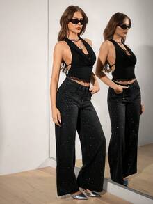 SHEIN ICON Atasan Wanita Model Crop Top Halter Tanpa Punggung dengan Leher V dan Patchwork Renda, Atasan Musim Panas - Hitam - View 6