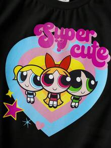 THE POWERPUFF GIRLS X SHEIN 少女圆领卡通字母印花休闲百搭日常穿T恤 - 黑色 - 查看 7