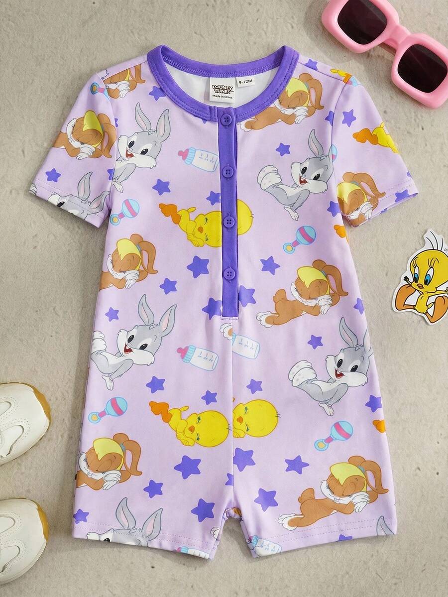 LOONEY TUNES X SHEIN 女宝宝夏季可爱卡通星星印花撞色短袖按扣连体衣 - 紫色 - 查看 1